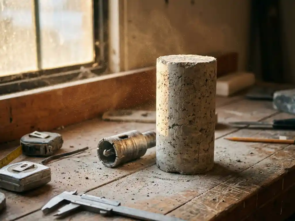Cilindrische betonboor op stoffige werkbank met diamantboor en meetgereedschap in gouden werkplaatslicht