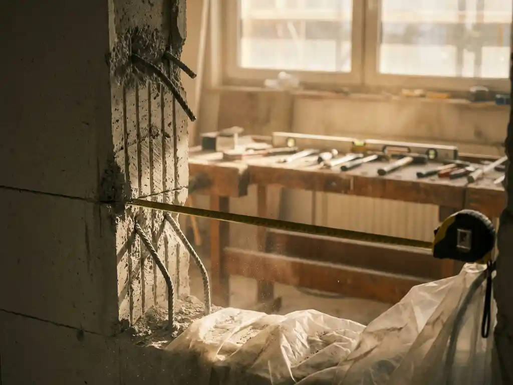 Vers gesneden betonwand met diamantzaag markeringen toont stalen wapening, meetlint over opening, gereedschap op werkbank