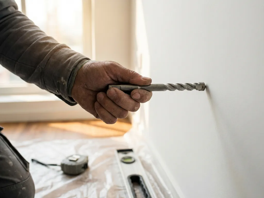 Aannemer houdt diamant betonboor tegen witte muur met gereedschap op beschermfolie op houten vloer