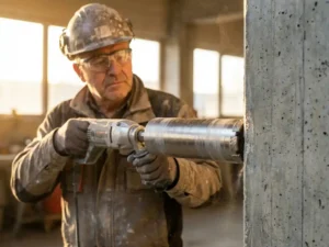 Bouwvakker positioneert diamanten betonboor tegen betonnen muur in werkplaats met natuurlijk licht