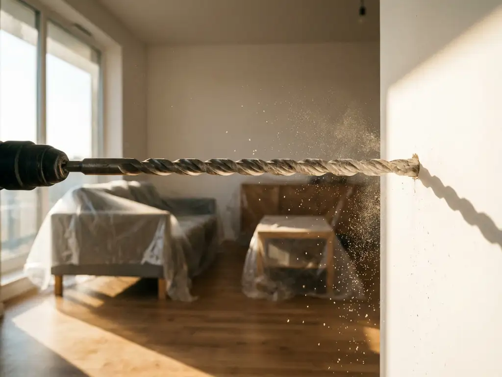 Professionele betonboor boort precies gat in witte binnenmuur met stofdeeltjes in zonlicht, moderne woonkamer met plastic afdekking