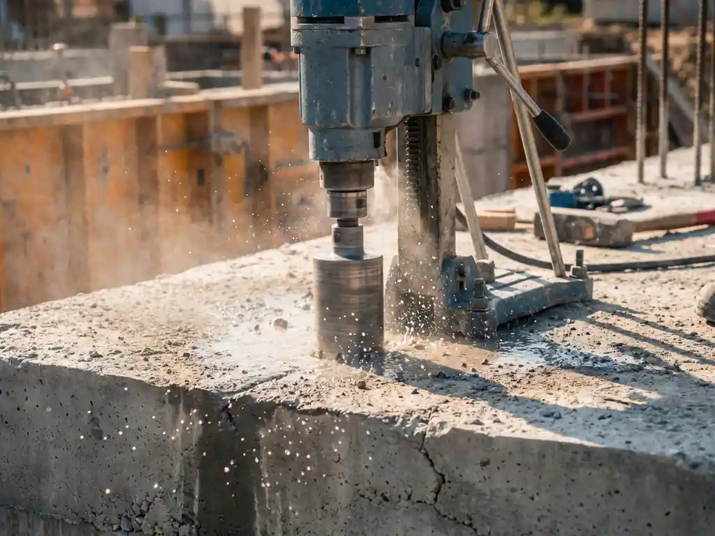 Professionele betonboormachine met diamantboor die water spuit tijdens het boren in grijze beton op bouwplaats