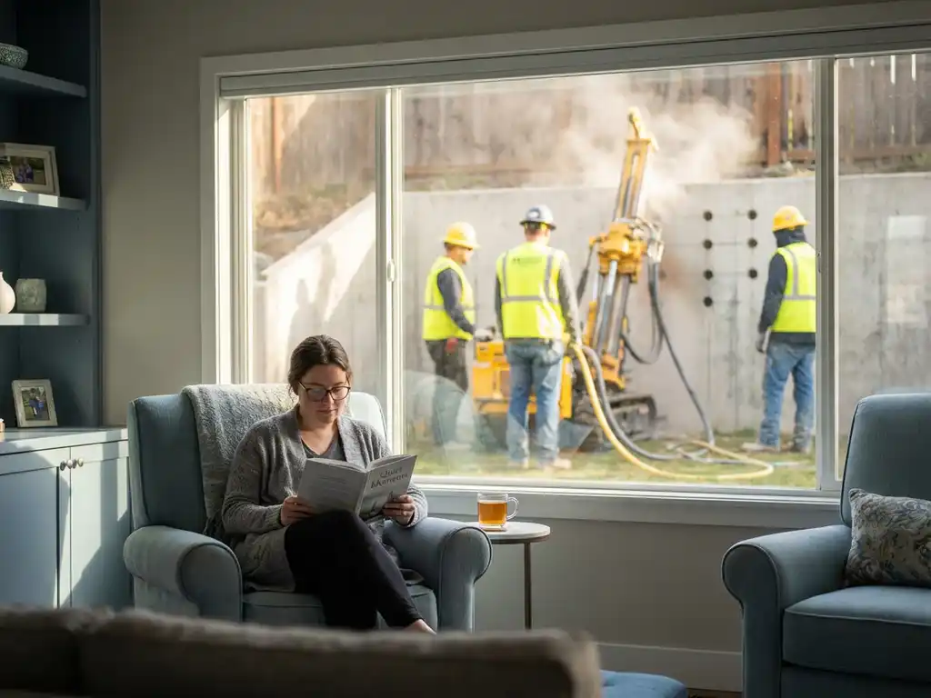 Huiseigenaar leest boek in woonkamer terwijl diamantboor betonwand doorboort in achtertuin, zonnig middaglicht