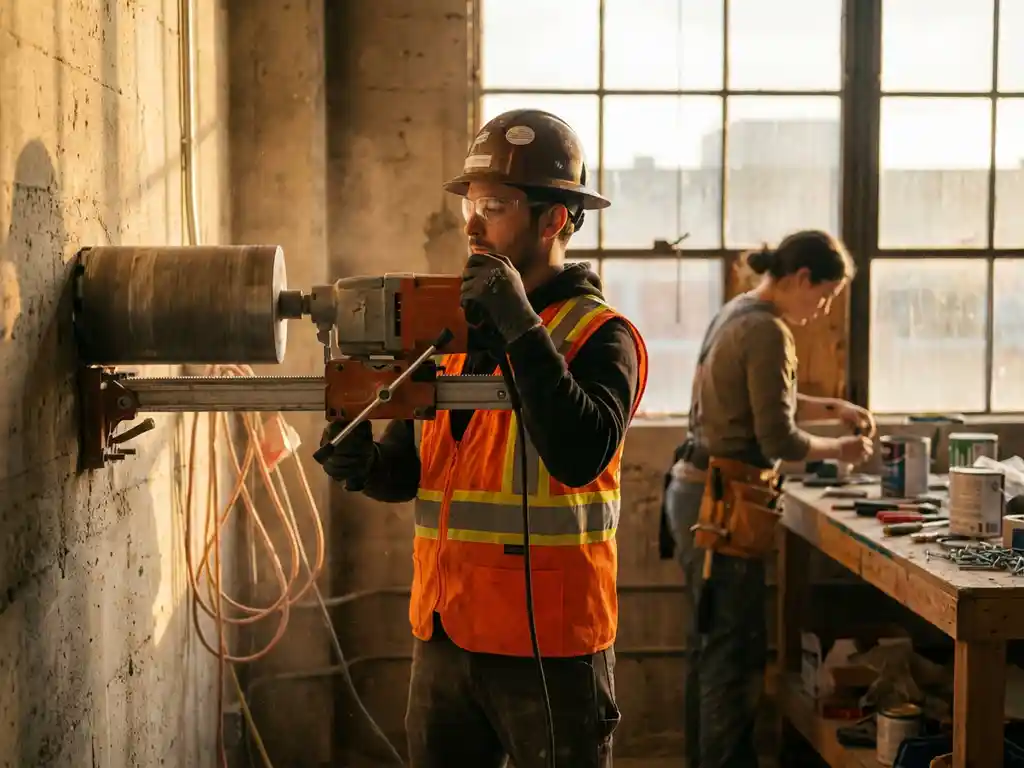 Professionele betonboorspecialist in veiligheidskledij bedient diamantkernboormachine op betonnen muur in bouwomgeving