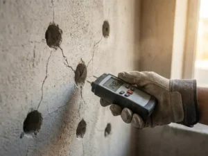 Concrete wall with drill holes and cracks, professional hand holds digital moisture meter against damaged surface