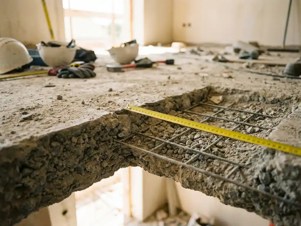 Doorsnede van dikke betonnen vloerplaat met gele meetlat toont wapeningsstaven en betonaggregaat textuur op bouwplaats