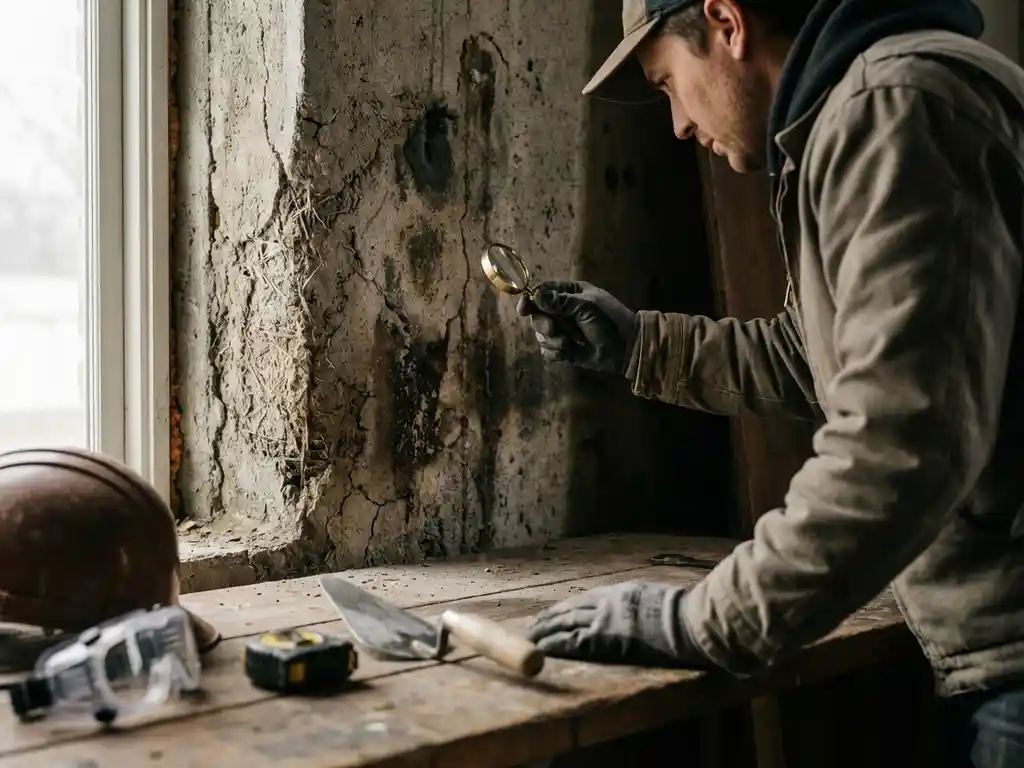 Bouwvakker met werkhandschoenen onderzoekt verweerde betonnen muur met vergrootglas, gereedschap op houten werkbank