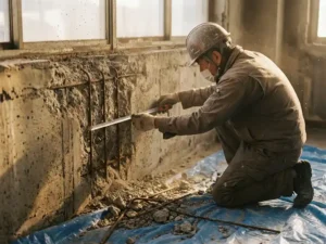 Bouwvakker inspecteert betonnen muur met wapeningsstaal, meetinstrument in hand, betonpuin op plastic zeil