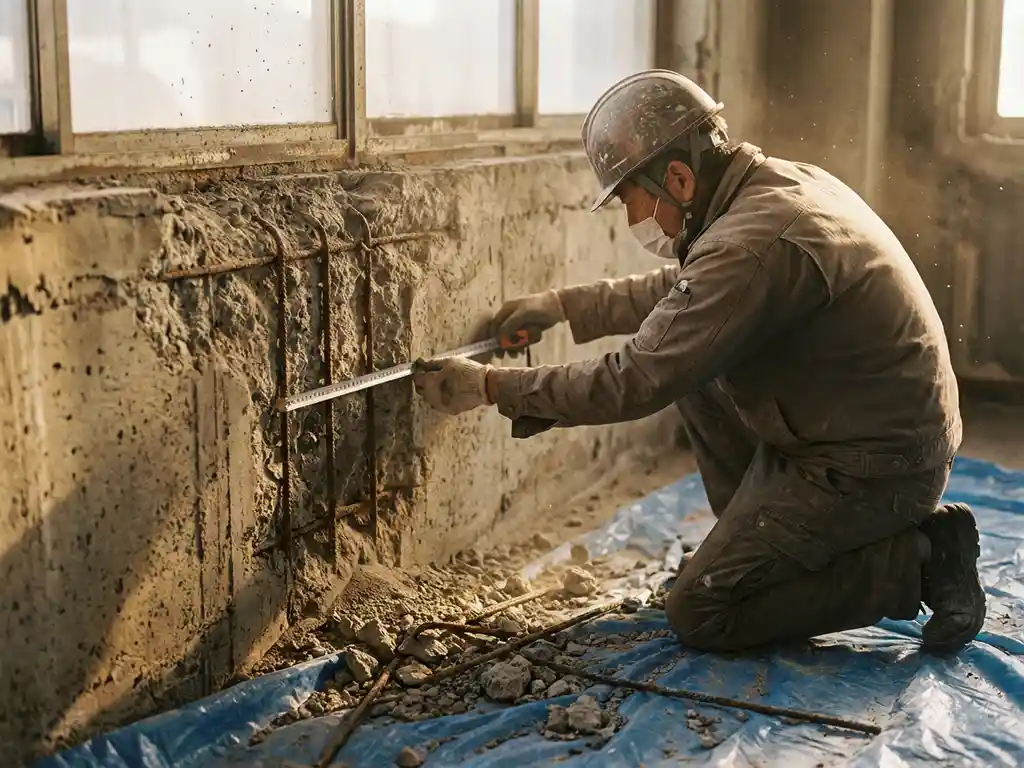 Bouwvakker inspecteert betonnen muur met wapeningsstaal, meetinstrument in hand, betonpuin op plastic zeil