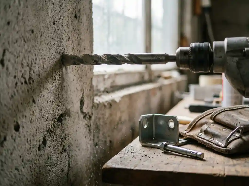 Professionele boorbits dringt door in betonnen muur met stofdeeltjes, metalen beugel en ankerbouten op werkbank