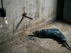 Broken drill bit stuck in concrete wall with scattered metal shavings and damaged household drill on the floor