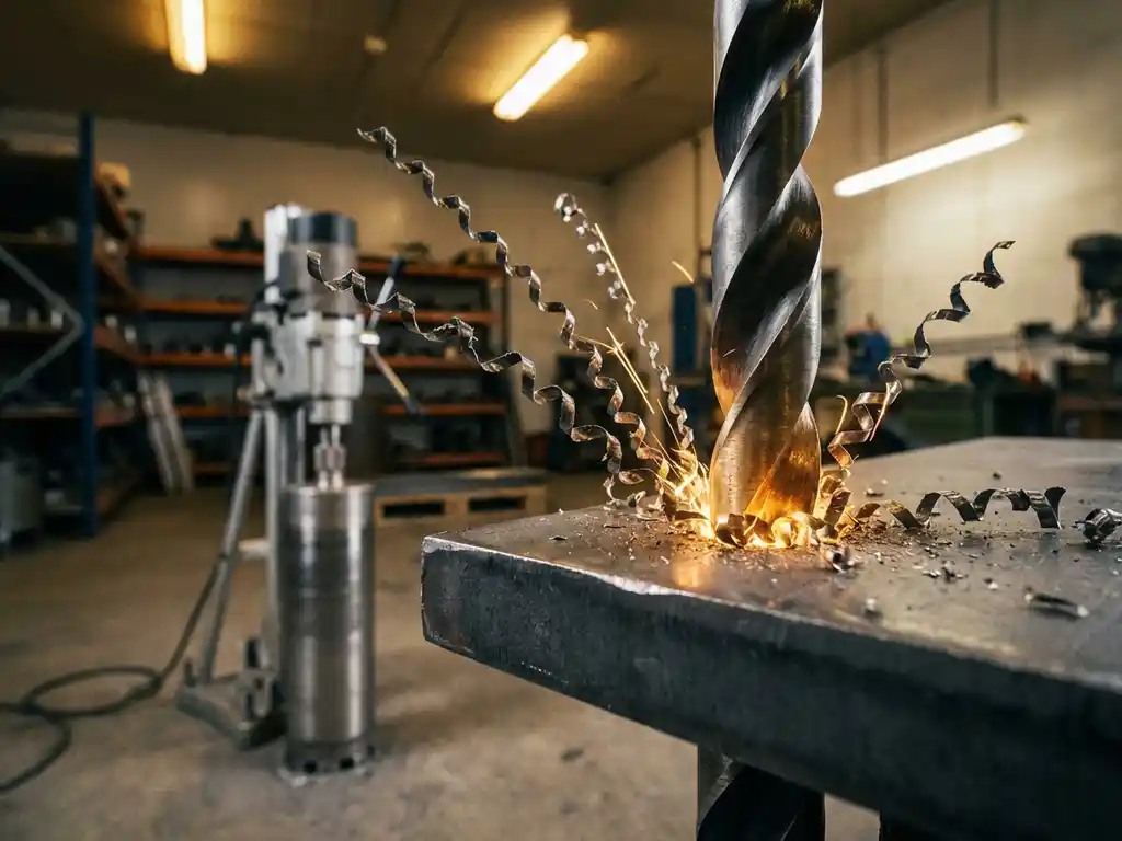 Professionele boorkop snijdt door dikke staalplaat met metaalspanen in werkplaats met industriële verlichting