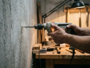 Household drill with a metal drill bit struggling to drill through a rough concrete wall, concrete debris around the drill tip
