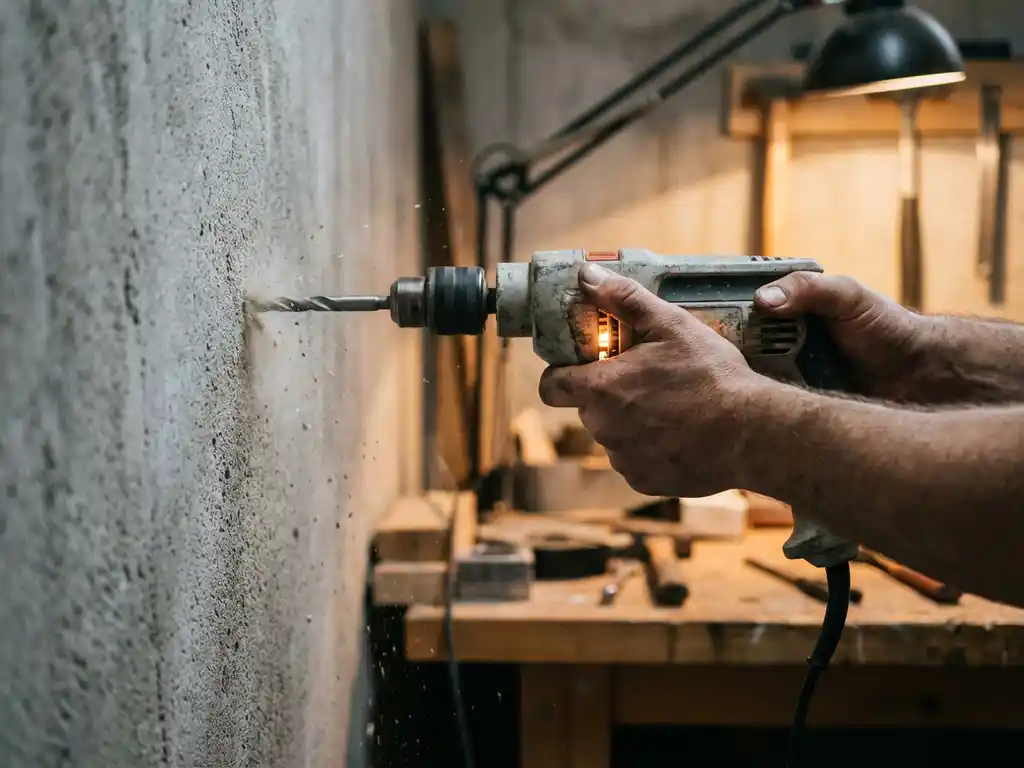 Huishoudelijke boormachine met metalen boor die moeizaam door ruwe betonnen muur boort, betongruis rond boorpunt