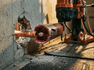 Diamantboor doorboort betonnen muur en toont glanzende koperen waterleiding met druppels, betongruis op donkere vloer