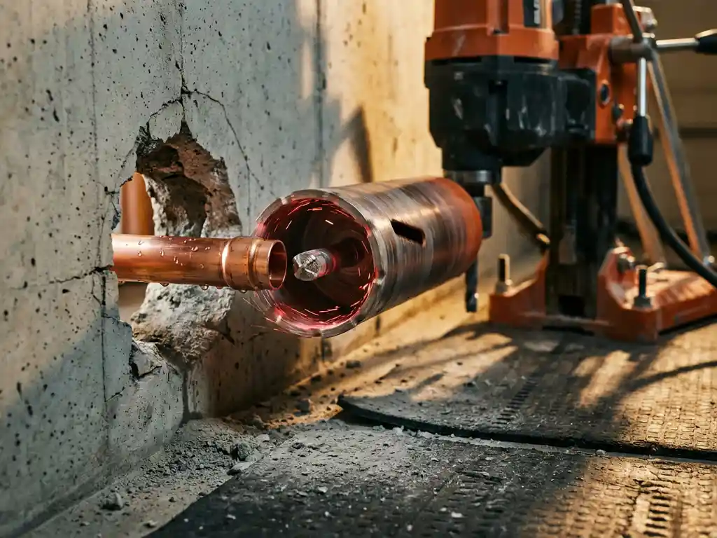 Diamantboor doorboort betonnen muur en toont glanzende koperen waterleiding met druppels, betongruis op donkere vloer
