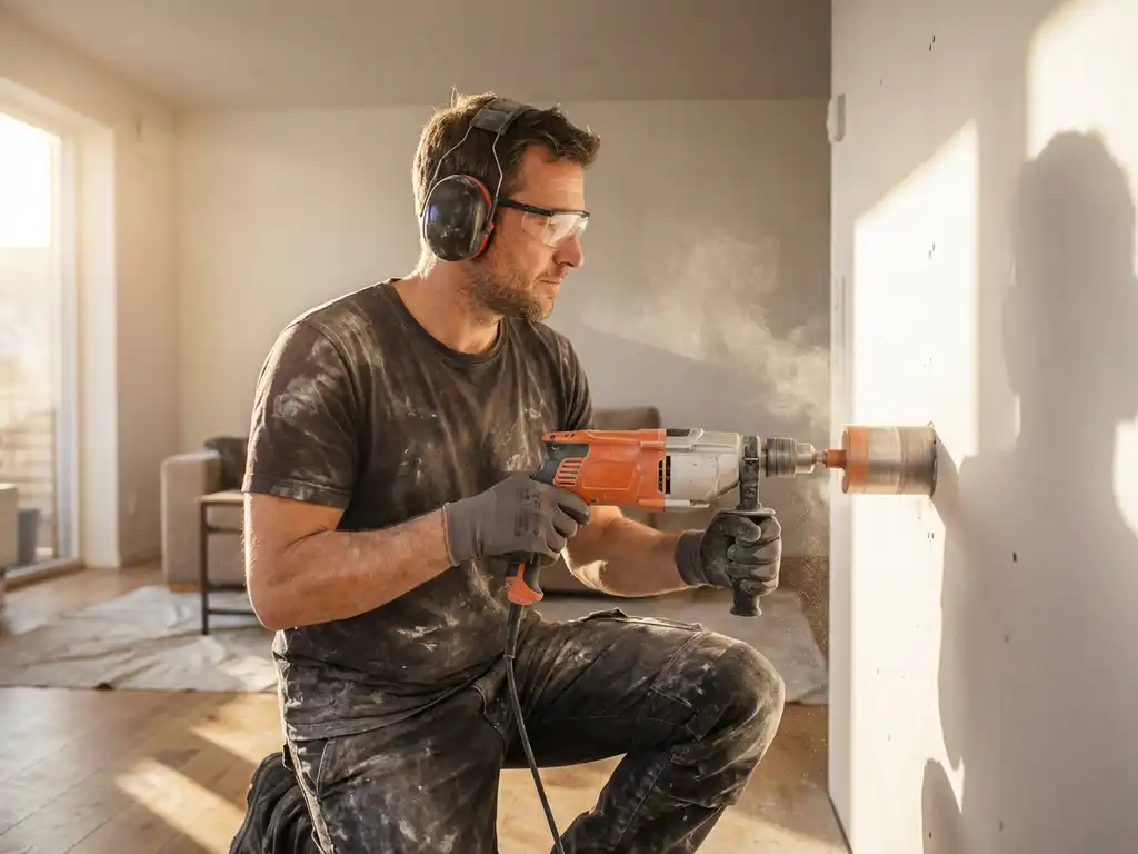 Bouwvakker boort precies gat in witte muur met diamantboor, betondeeltjes zweven in natuurlijk licht