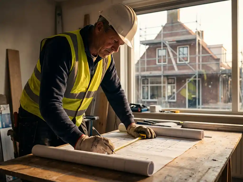 Bouwvakker in veiligheidskleding bestudeert bouwplannen op houten tafel, Nederlandse woning op achtergrond