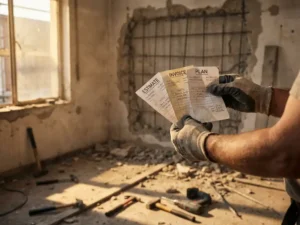 Bouwvakker houdt drie papieren offertes boven gedeeltelijk gesloopte betonnen muur met zichtbare wapening