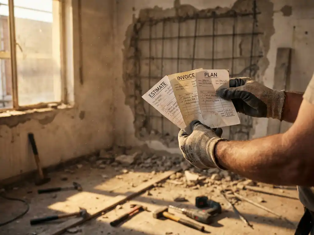 Bouwvakker houdt drie papieren offertes boven gedeeltelijk gesloopte betonnen muur met zichtbare wapening