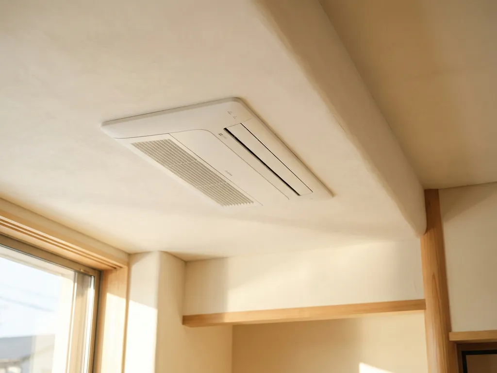 Witte cassette airconditioner gemonteerd tegen plafond met geometrische ventilatieroosters in natuurlijk daglicht