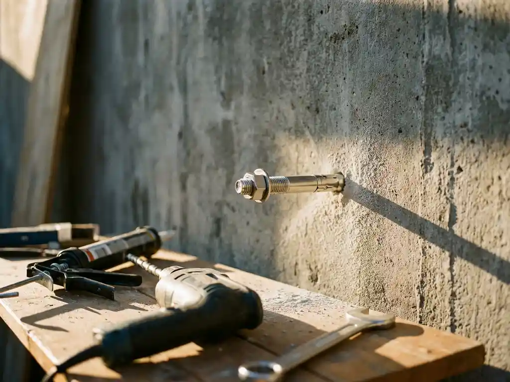 Stalen chemische ankerbouten ingebed in verweerde betonnen muur met bouwgereedschap op houten werkbank