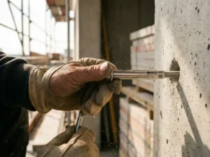 Steel chemical anchor bolts are placed in a drilled concrete hole by a gloved construction worker