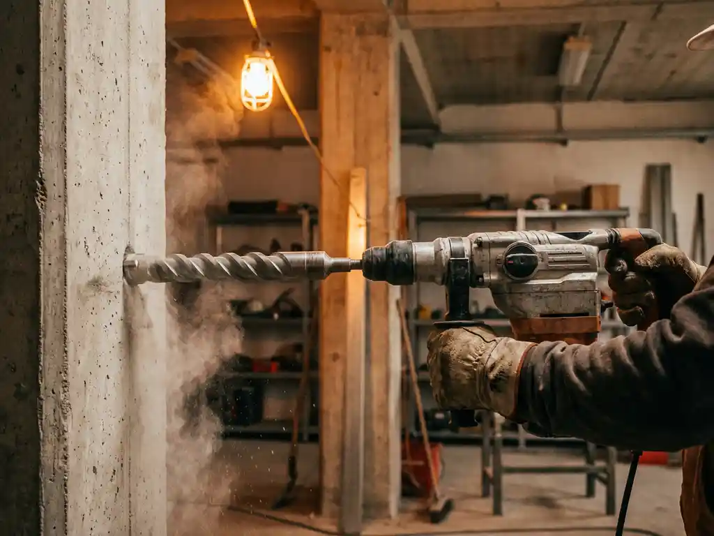 Professionele betonboor met diamanten punt boort door dikke betonnen muur terwijl bouwvakker met handschoenen de zware boormachine vasthoudt