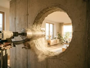 Betonwand met grote ronde opening door diamantboor, lichte woonruimte zichtbaar, professioneel boorgereedschap op voorgrond