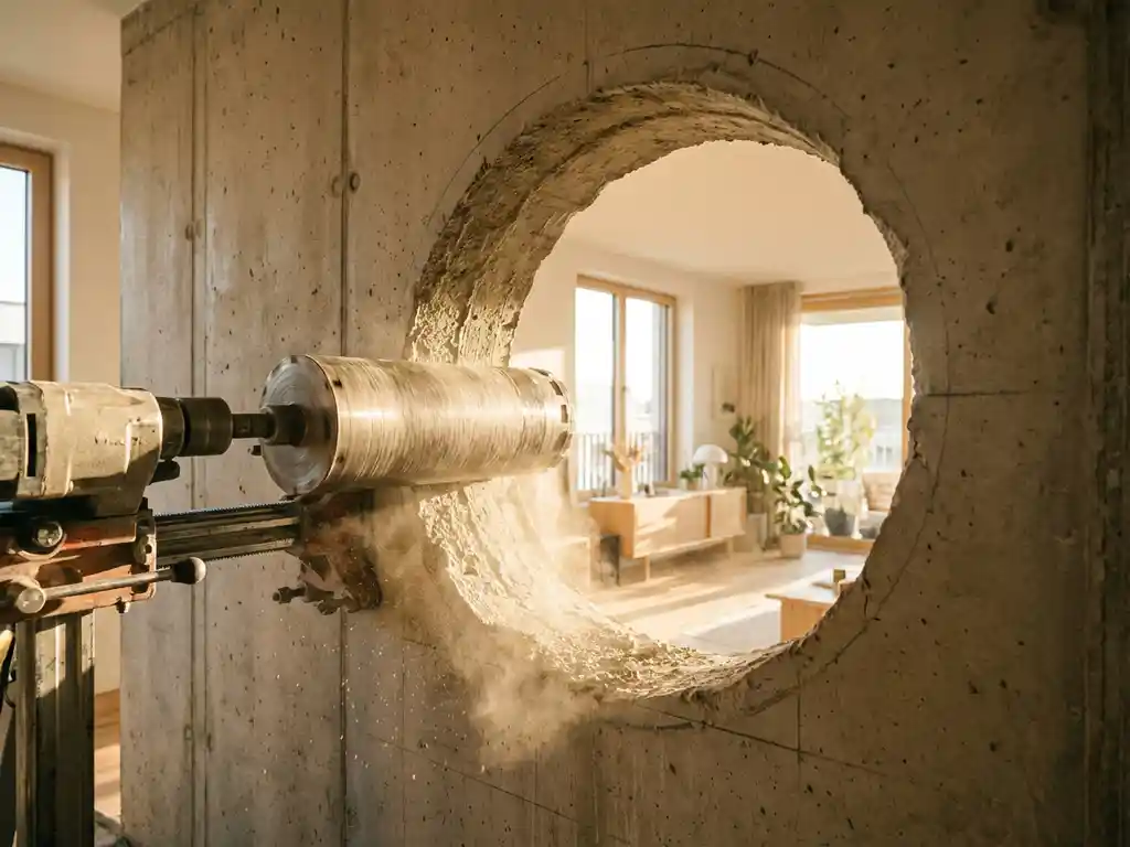 Betonwand met grote ronde opening door diamantboor, lichte woonruimte zichtbaar, professioneel boorgereedschap op voorgrond