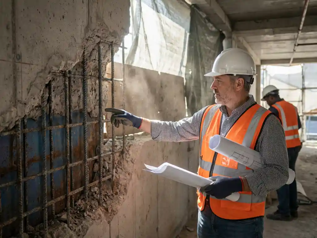 Constructie-ingenieur in veiligheidshelm onderzoekt wapeningsstaven in gedeeltelijk gesloopte betonnen muur op bouwplaats