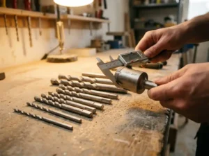 Diamond-tipped concrete drills in various diameters on weathered concrete, with a professional caliper that measures the largest drill bit.