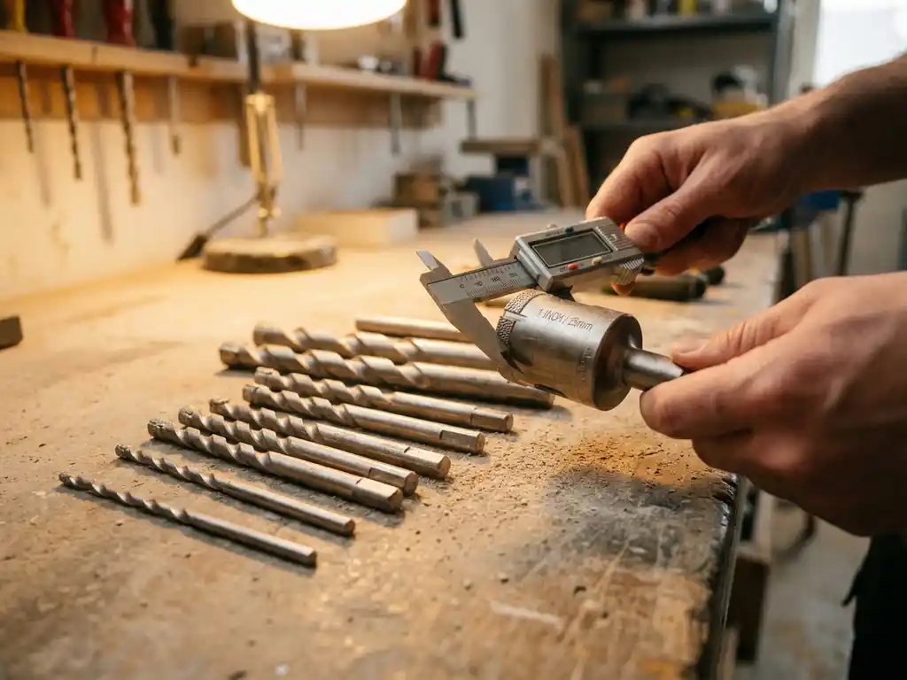 Diamant-getipte betonboren in verschillende diameters op verweerd beton, met professionele schuifmaat die grootste boor meet