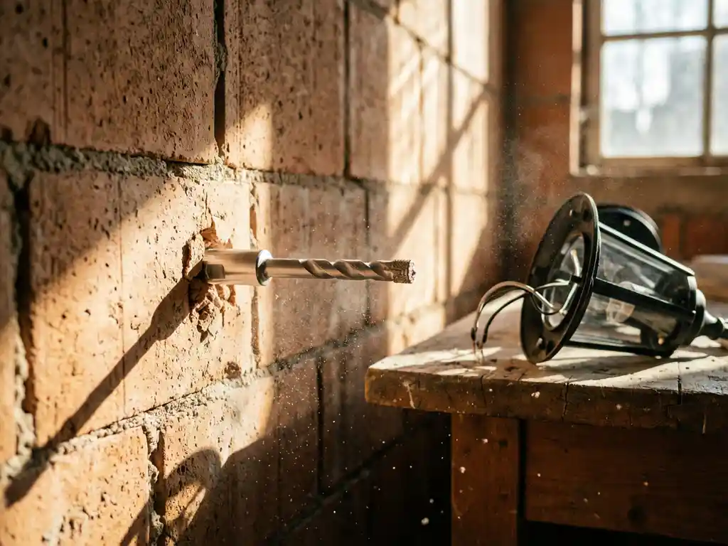 Diamantboor prikt door bakstenen muur met betondeeltjes in de lucht, wandlamp op werkbank wachtend op installatie