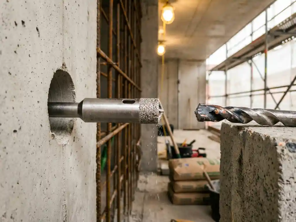 Diamant-getipte boorkop prikt door dikke betonnen muur naast versleten metalen boor op bouwplaats