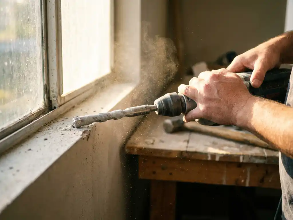 Diamanten boor prikt precies gat in grijze betonnen muur met stofdeeltjes in warm zonlicht