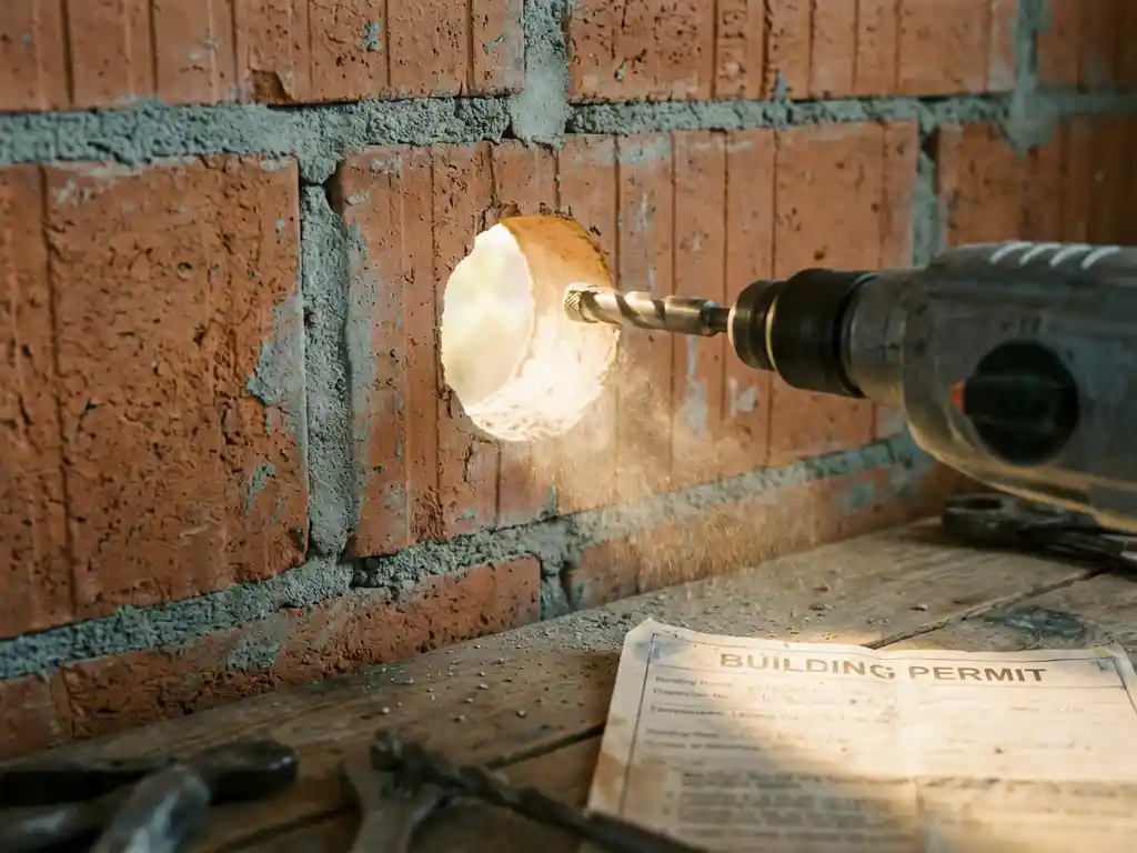 Diamant-tip betonboor prikt door bakstenen muur en creëert perfect rond gat met stofdeeltjes in zonlicht
