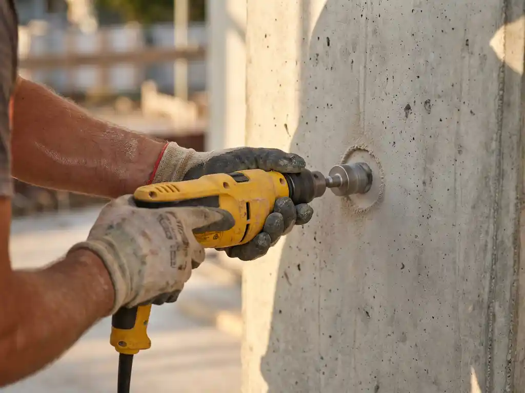 Diamantboor prikt precies loodrecht in betonnen muur, met fijn stof en gele boormachine in werkhandschoenen