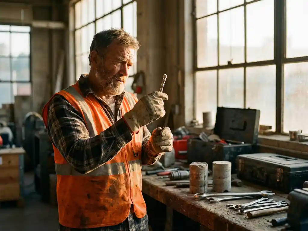 Bouwvakker in veiligheidsvest inspecteert diamanten betonboor in workshop met gouden uurtje verlichting