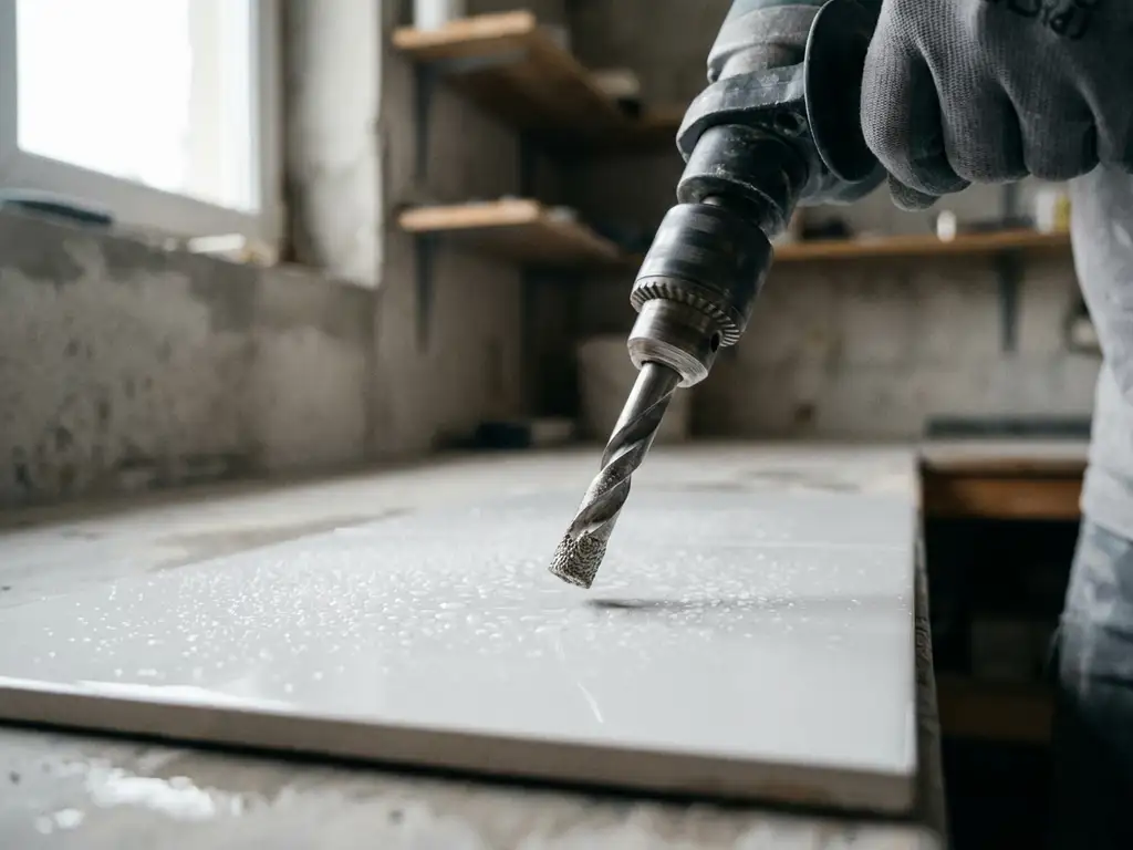 Diamantboor boven witte keramische tegel met waterdruppels, professionele hand houdt boor vast in werkplaats