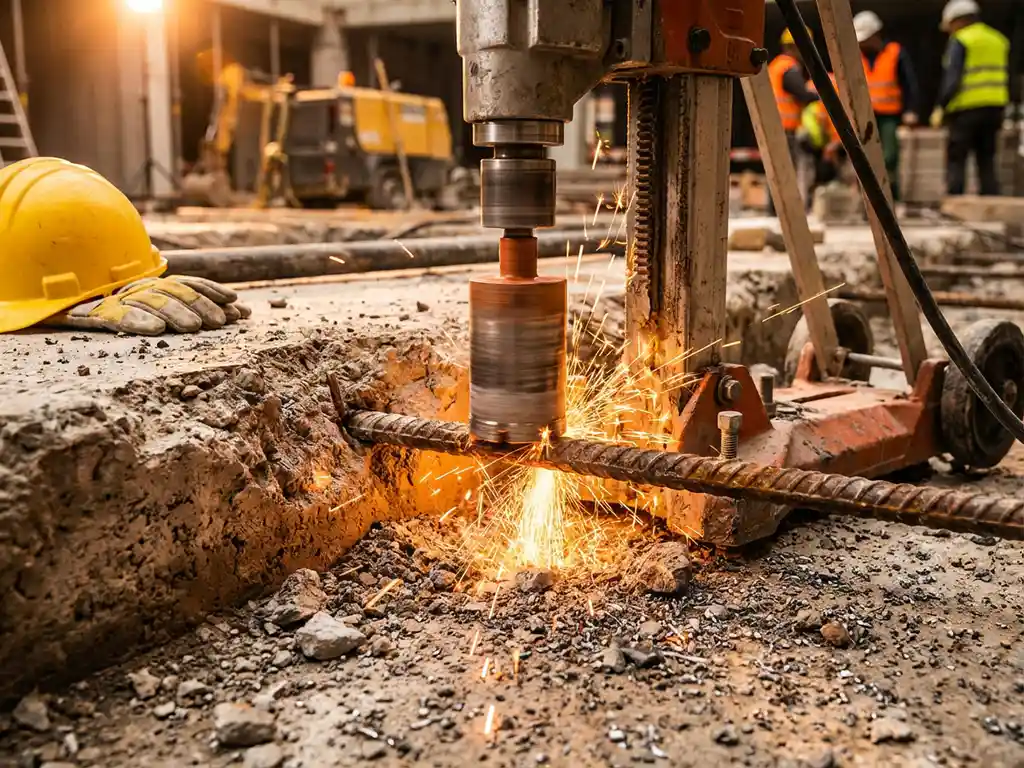 Diamanten boorkop raakt stalen wapeningsstaaf in beton met oranje vonken en bouwstof op constructielocatie