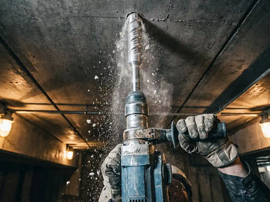 Diamantboor prikt door betonnen plafond met vallend stof en puin, professionele boormachine in werkhandschoenen