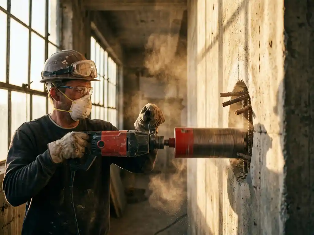 Bouwvakker gebruikt diamantboor om door gewapend betonnen draagmuur te boren, stofdeeltjes zweven in zonlicht