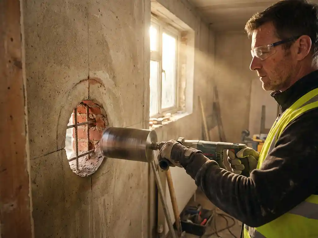 Bouwvakker gebruikt diamantboor om dragende betonnen muur door te zagen, zichtbare bakstenen en wapening in zonlicht