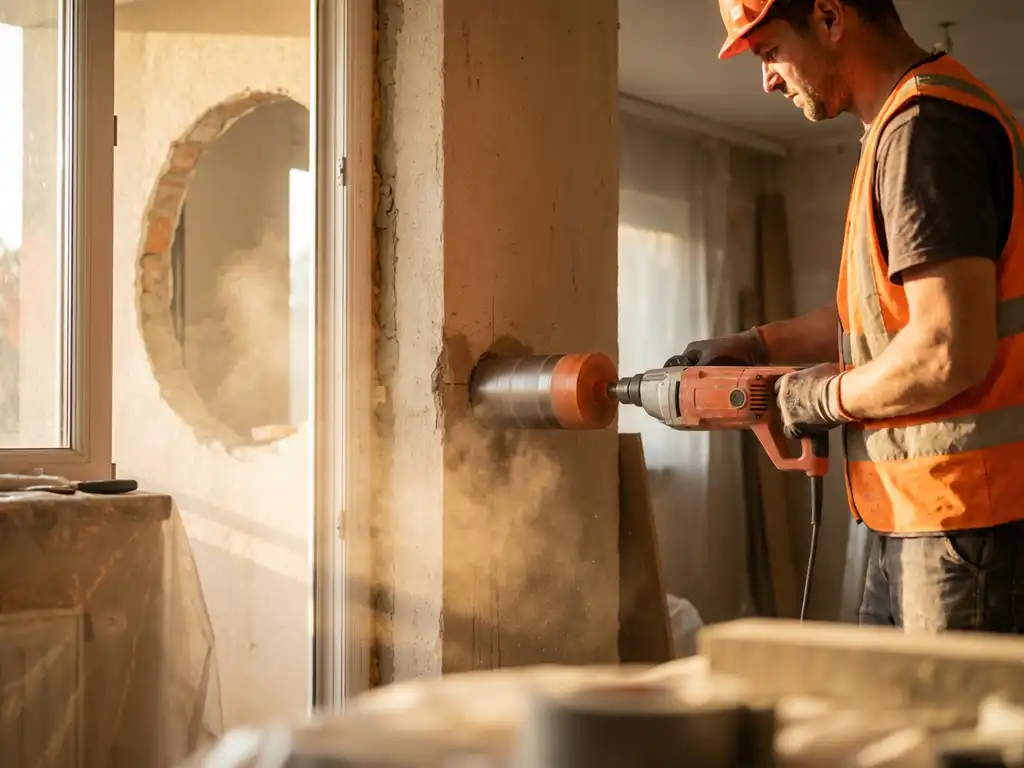 Bouwvakker gebruikt diamantboor om betonwand tussen keuken en woonkamer door te boren voor open indeling
