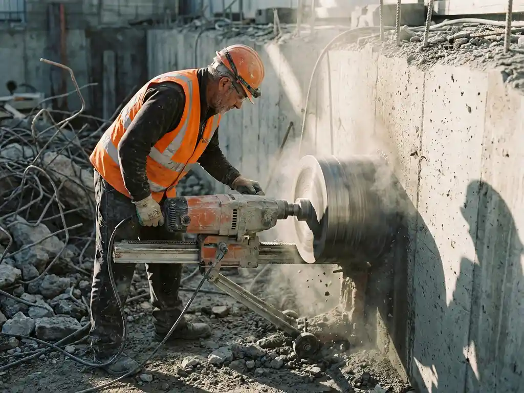 Bouwvakker bedient diamantkernboormachine om precisiegat te boren door gewapend beton op industriële bouwplaats