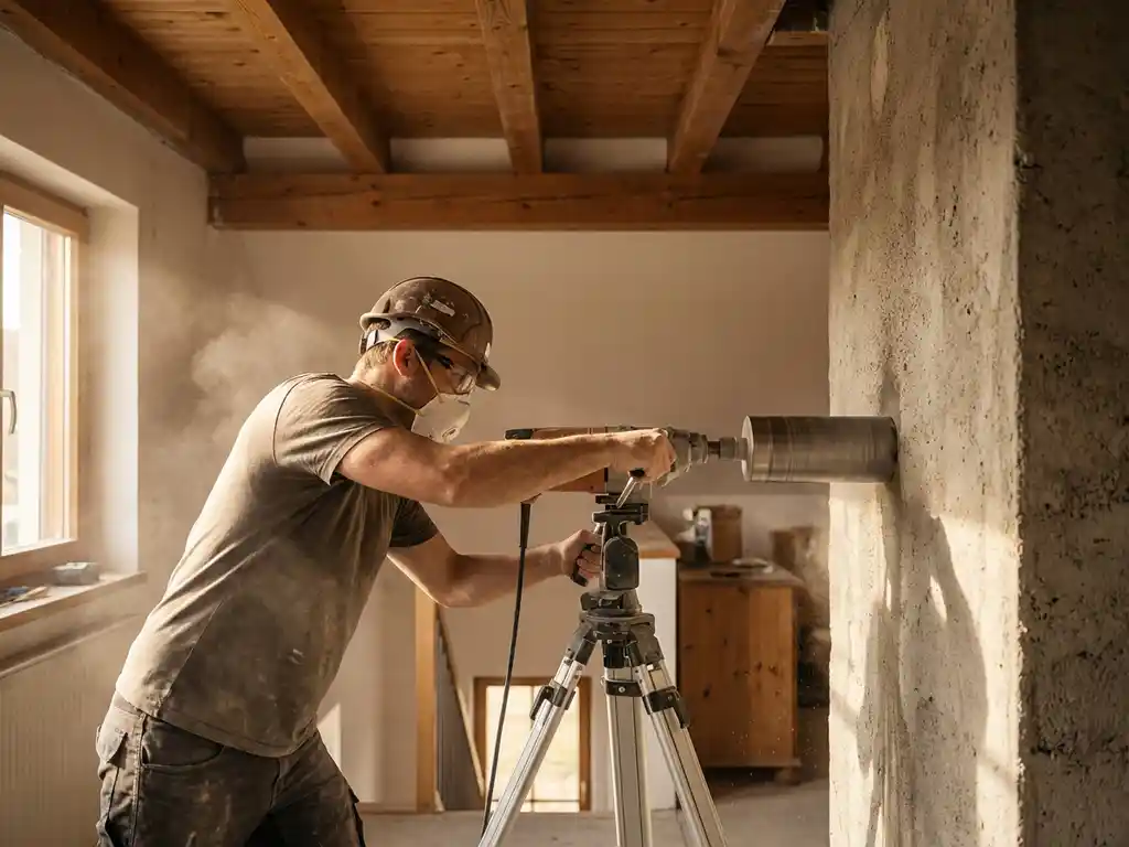 Bouwvakker gebruikt diamantboor op betonnen draagmuur in woonkamer met houten balken en zonlicht