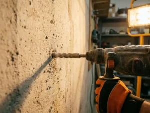 Diamond drill in concrete wall with debris and dust, construction worker with gloves operates heavy drilling machine in workshop