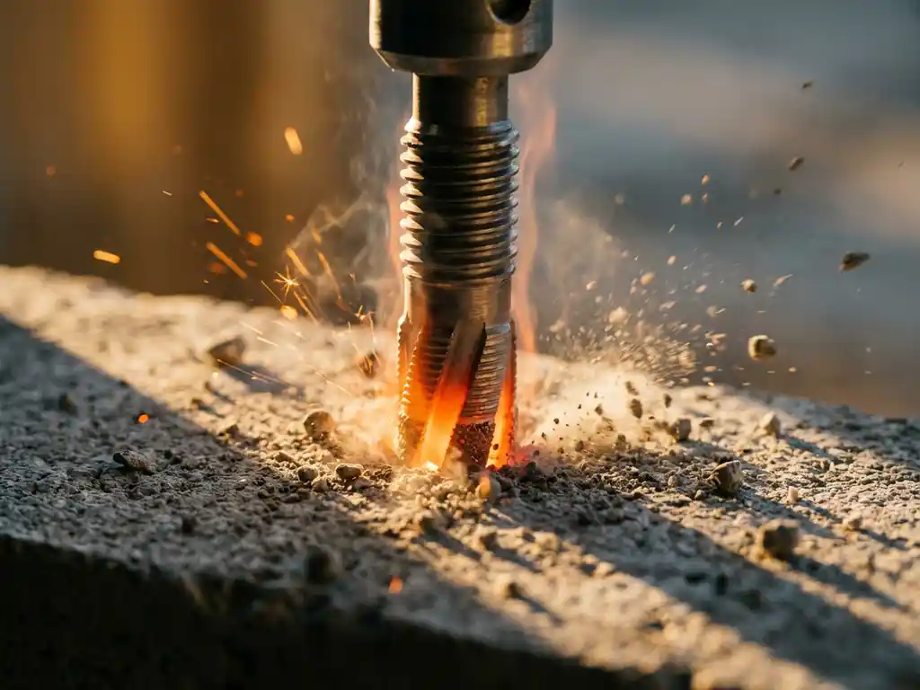 Gloeiende diamant boorkop prikt door ruw beton met vonken en stof, close-up met warme belichting en scherpe details