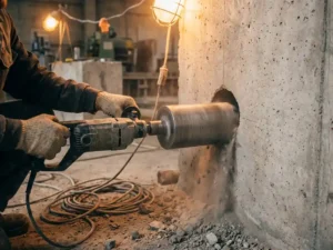 Diamond drill pierces concrete wall with dust and debris around circular opening, electrical cables ready to be threaded through.